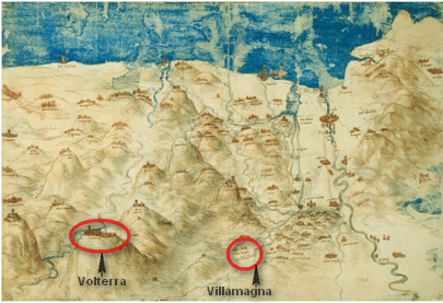 Vista a volo d'uccello della valle dell'Arno fatta da Leonardo da Vinci
